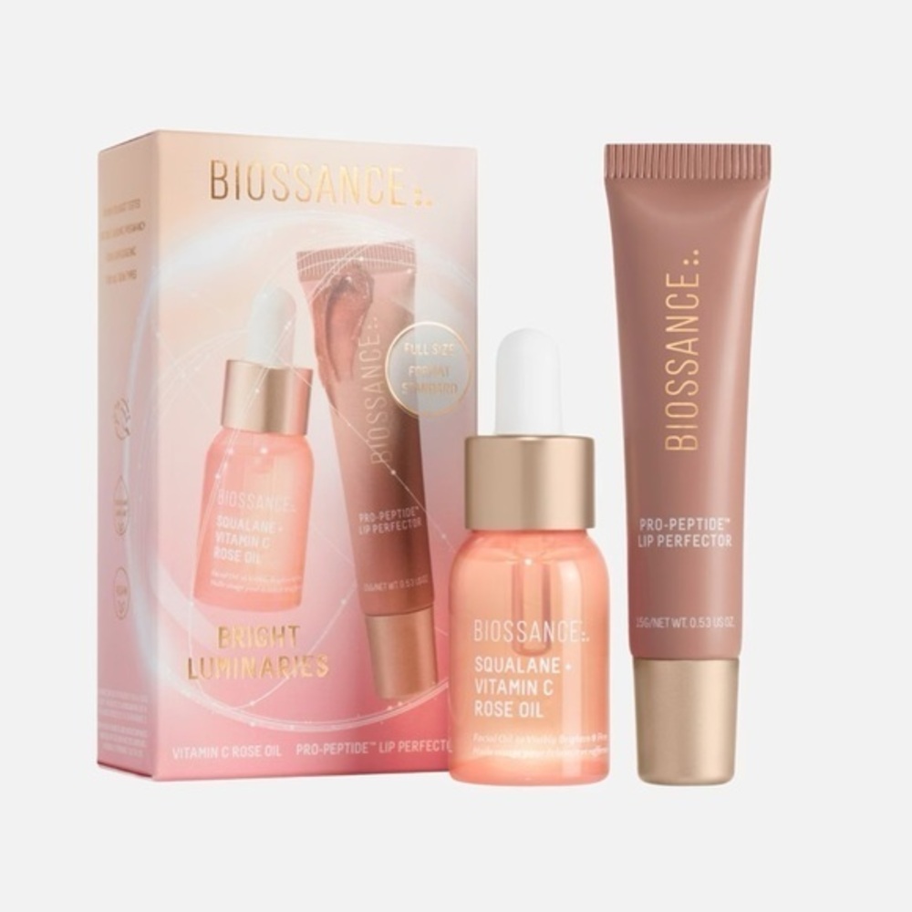 Biossance Bright Luminaries Pro-Peptide Lip Perfector + Mini Rose Oil Set